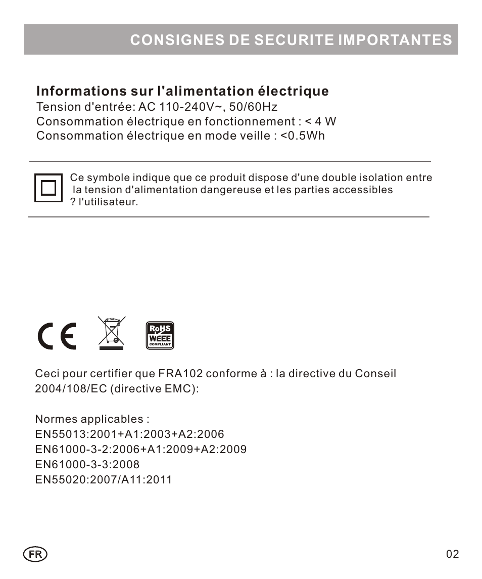 页面 9, Consignes de securite importantes, Informations sur l'alimentation électrique | Mpman FRA102 User Manual | Page 9 / 32