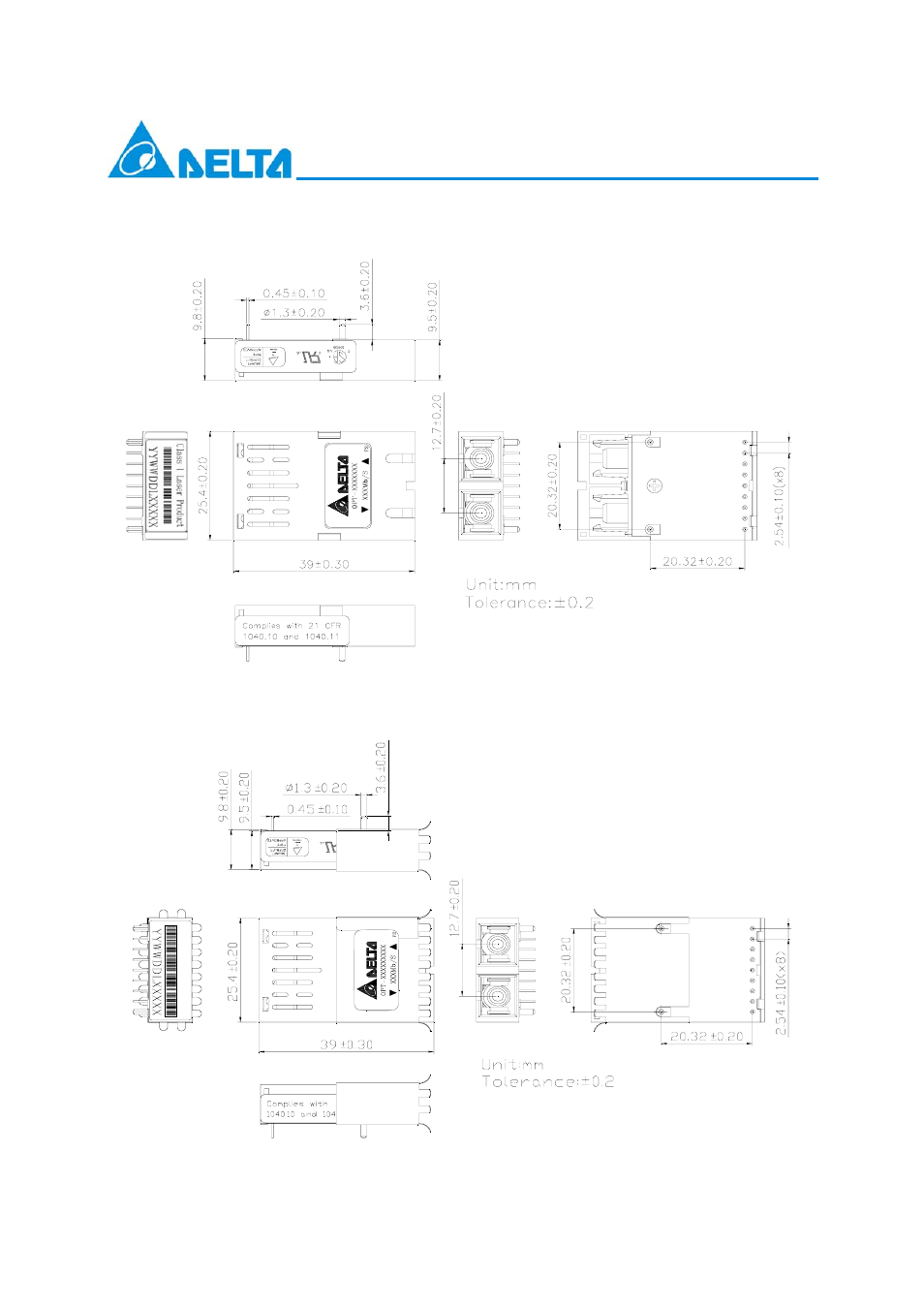 Package outline drawing (without shielding), Package outline drawing (a type shielding) | Delta Electronics OPT-1250xxxx Series User Manual | Page 8 / 11