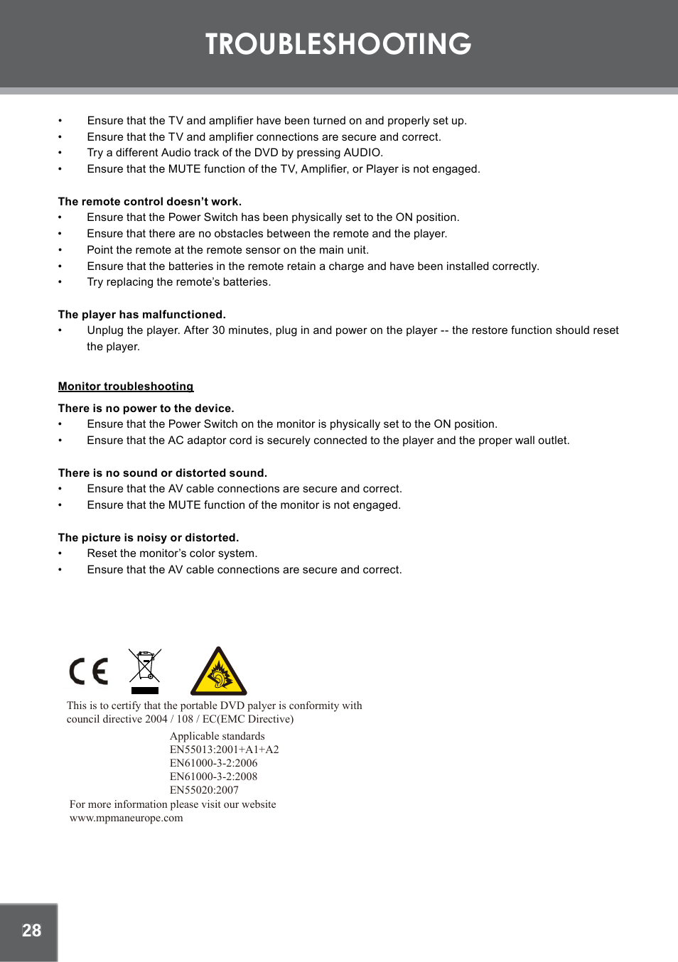 Troubleshooting | Mpman PDV2000 User Manual | Page 28 / 141