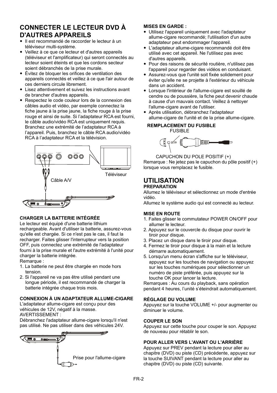 Connecter le lecteur dvd à d'autres appareils, Utilisation | Mpman PDVS7013 User Manual | Page 11 / 48