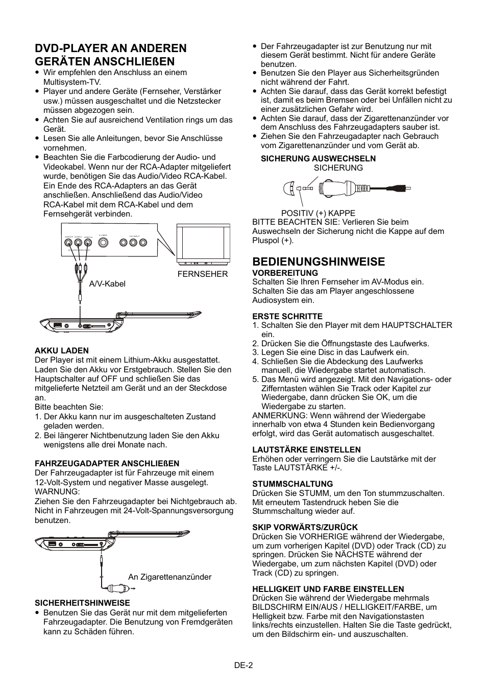 Dvd-player an anderen geräten anschließen, Bedienungshinweise | Mpman PDVS7013 User Manual | Page 19 / 48
