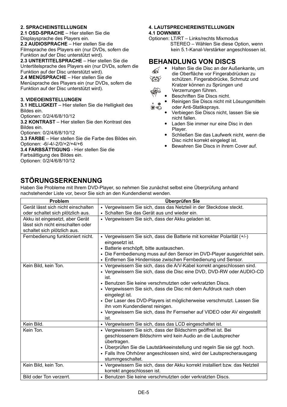 Behandlung von discs, Störungserkennung | Mpman PDVS7013 User Manual | Page 22 / 48