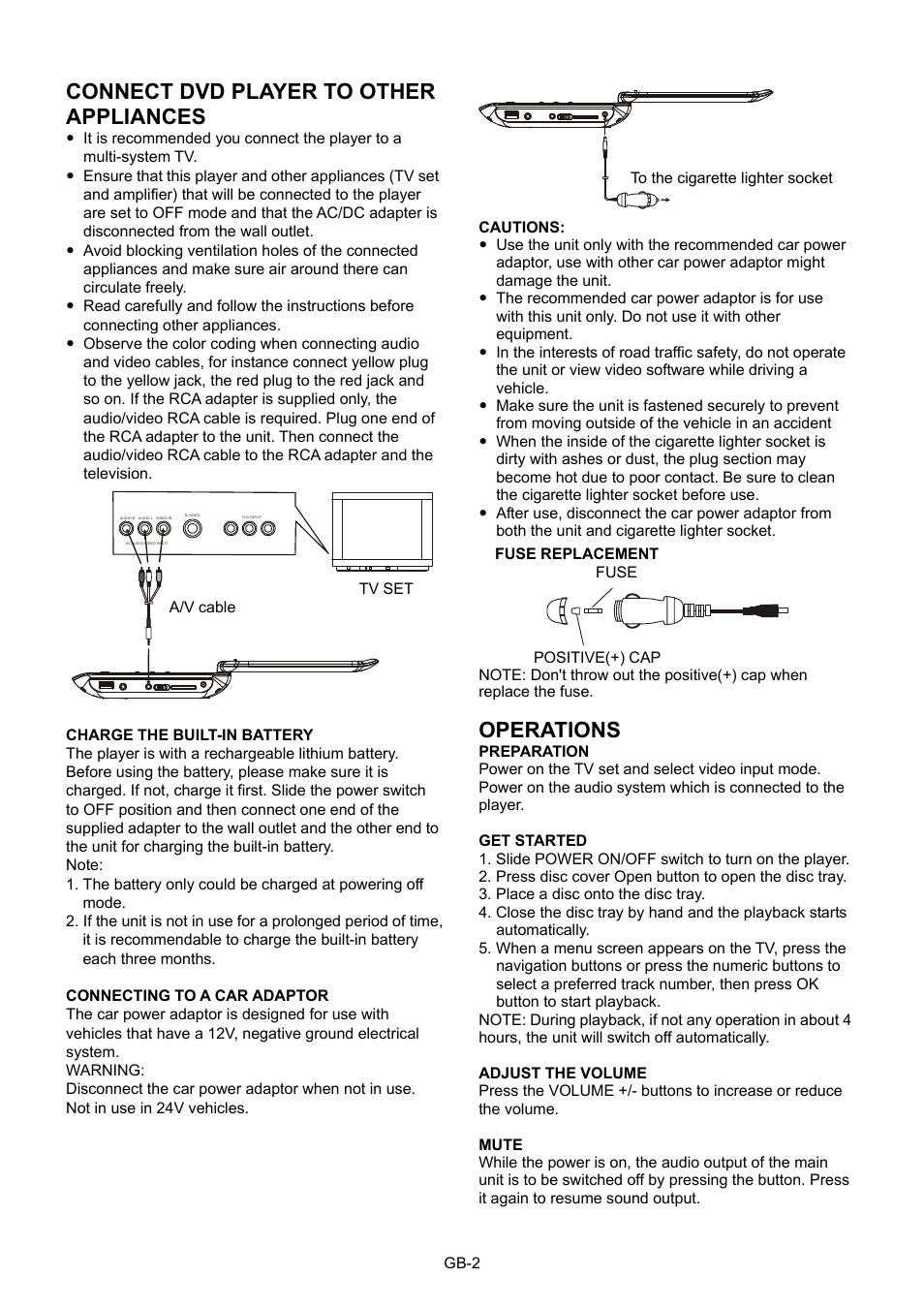Connect dvd player to other appliances, Operations | Mpman PDVS7013 User Manual | Page 3 / 48