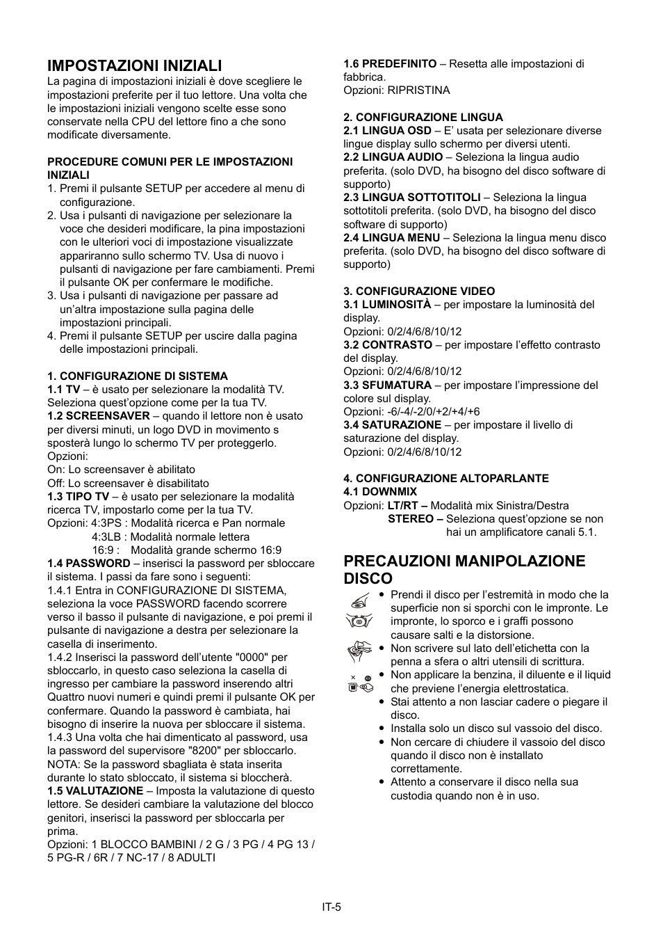 Impostazioni iniziali, Precauzioni manipolazione disco | Mpman PDVS7013 User Manual | Page 30 / 48