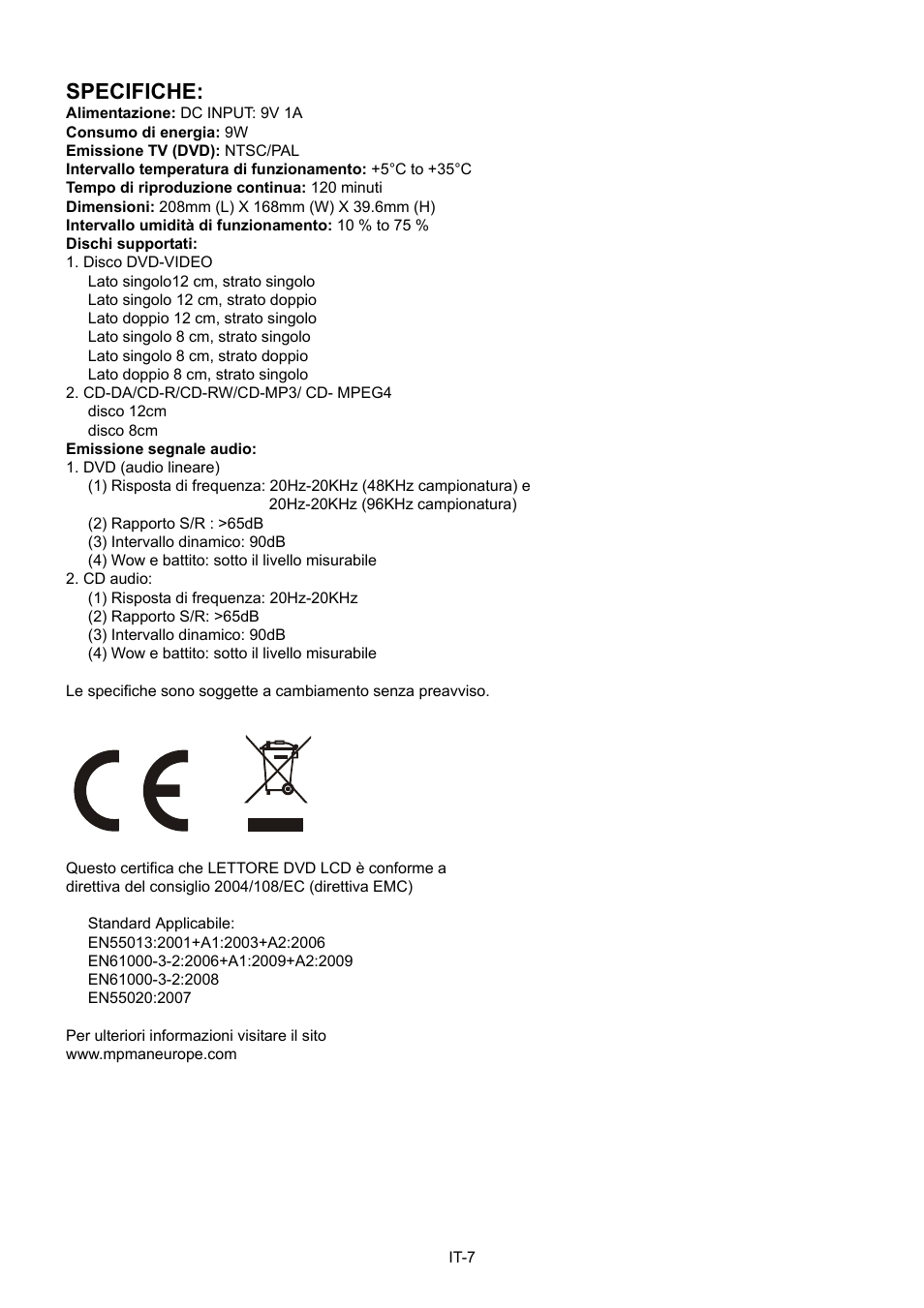Specifiche | Mpman PDVS7013 User Manual | Page 32 / 48