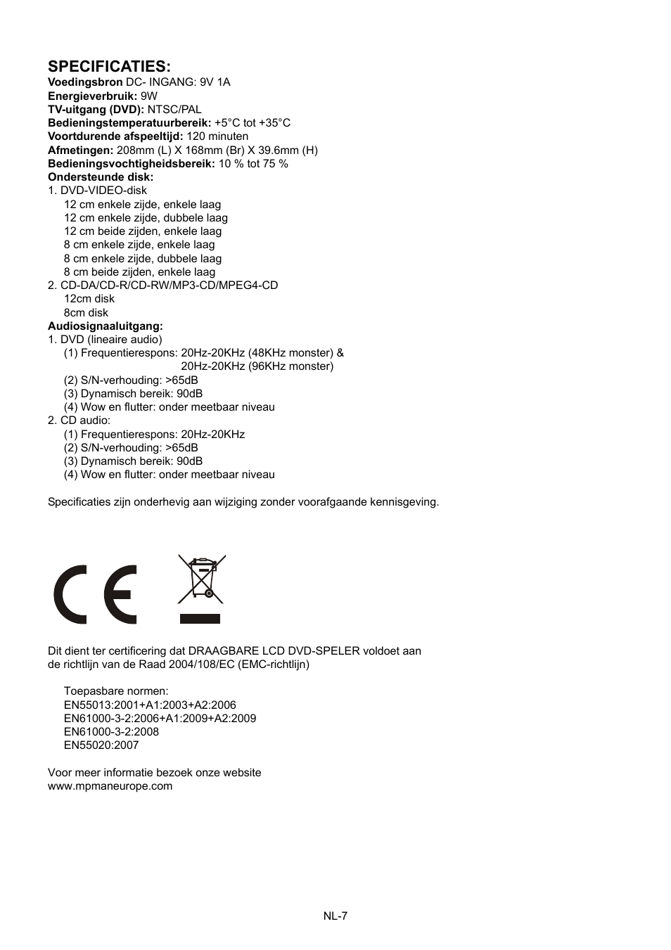 Specificaties | Mpman PDVS7013 User Manual | Page 40 / 48