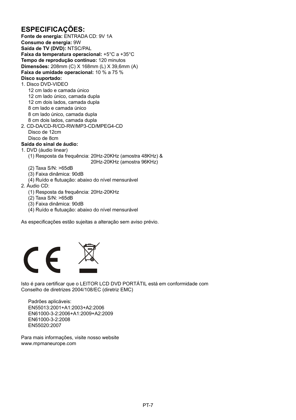 Especificações | Mpman PDVS7013 User Manual | Page 48 / 48