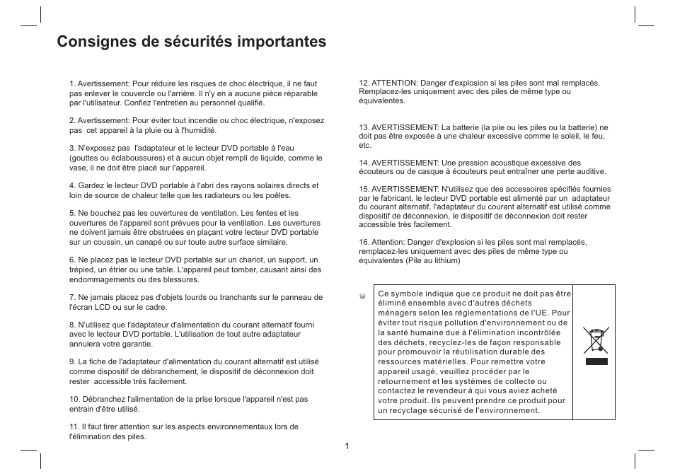 Consignes de sécurités importantes | Mpman PDVS7330G User Manual | Page 11 / 63