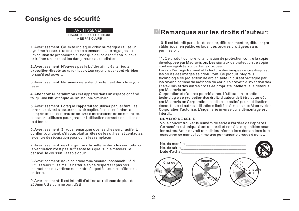 Consignes de sécurité, Remarques sur les droits d'auteur | Mpman PDVS7330G User Manual | Page 12 / 63