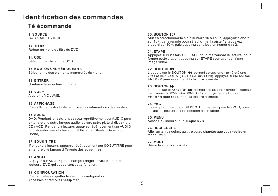 Identification des commandes, Télécommande | Mpman PDVS7330G User Manual | Page 15 / 63