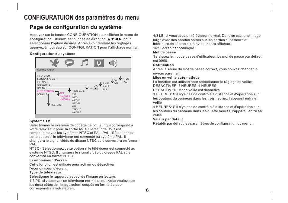Configuratuion des paramètres du menu, Page de configuration du système | Mpman PDVS7330G User Manual | Page 16 / 63
