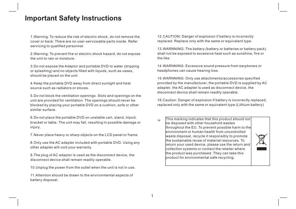 Important safety instructions | Mpman PDVS7330G User Manual | Page 2 / 63