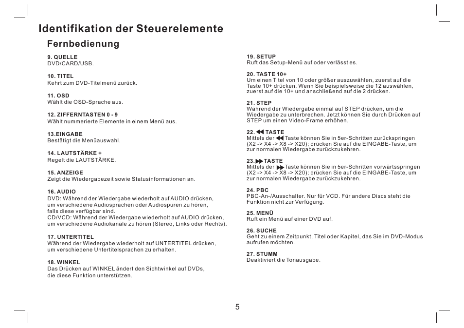 Identifikation der steuerelemente, Fernbedienung | Mpman PDVS7330G User Manual | Page 24 / 63
