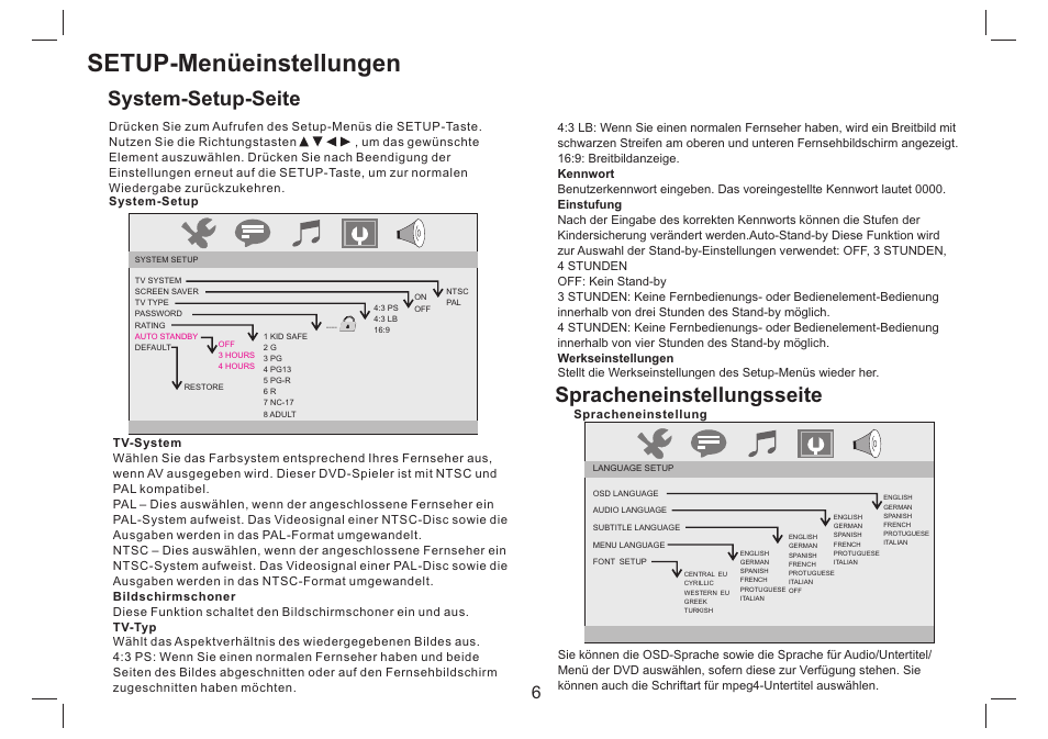 Setup-menüeinstellungen, System-setup-seite spracheneinstellungsseite | Mpman PDVS7330G User Manual | Page 25 / 63