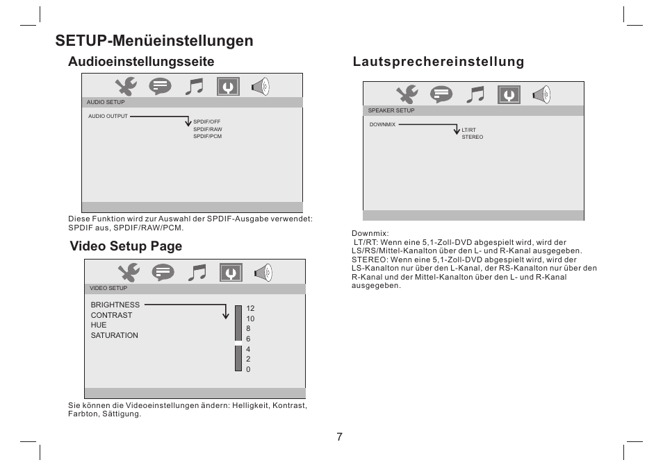 Setup-menüeinstellungen, Video setup page, Lautsprechereinstellung | Audioeinstellungsseite | Mpman PDVS7330G User Manual | Page 26 / 63
