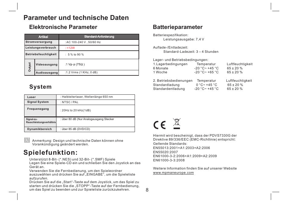 Parameter und technische daten, Spielefunktion, Elektronische parameter | System, Batterieparameter | Mpman PDVS7330G User Manual | Page 27 / 63