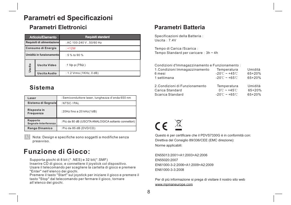 Parametri ed specificazioni, Funzione di gioco, Parametri elettronici | Sistema, Parametri batteria | Mpman PDVS7330G User Manual | Page 36 / 63