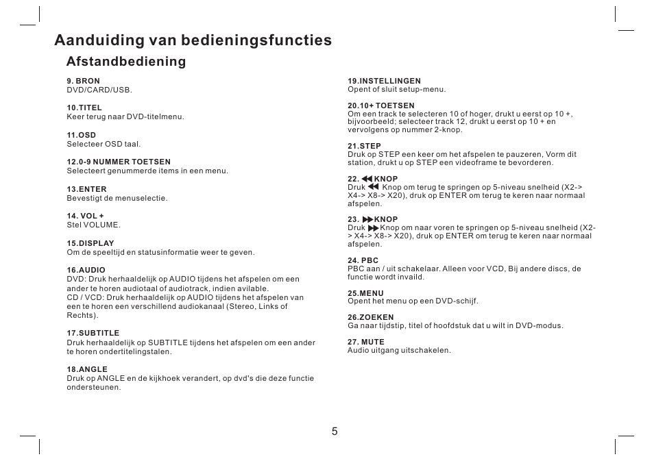 Aanduiding van bedieningsfuncties, Afstandbediening | Mpman PDVS7330G User Manual | Page 42 / 63