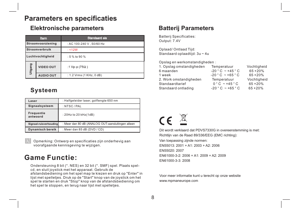 Parameters en specificaties, Game functie, Elektronische parameters | Systeem, Batterij parameters | Mpman PDVS7330G User Manual | Page 45 / 63