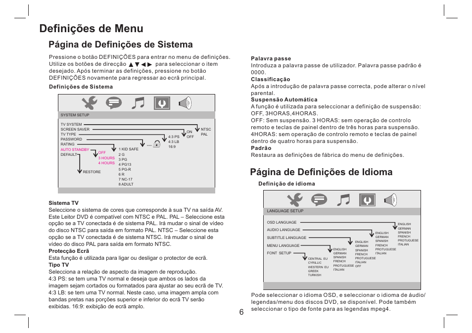 Definições de menu | Mpman PDVS7330G User Manual | Page 52 / 63