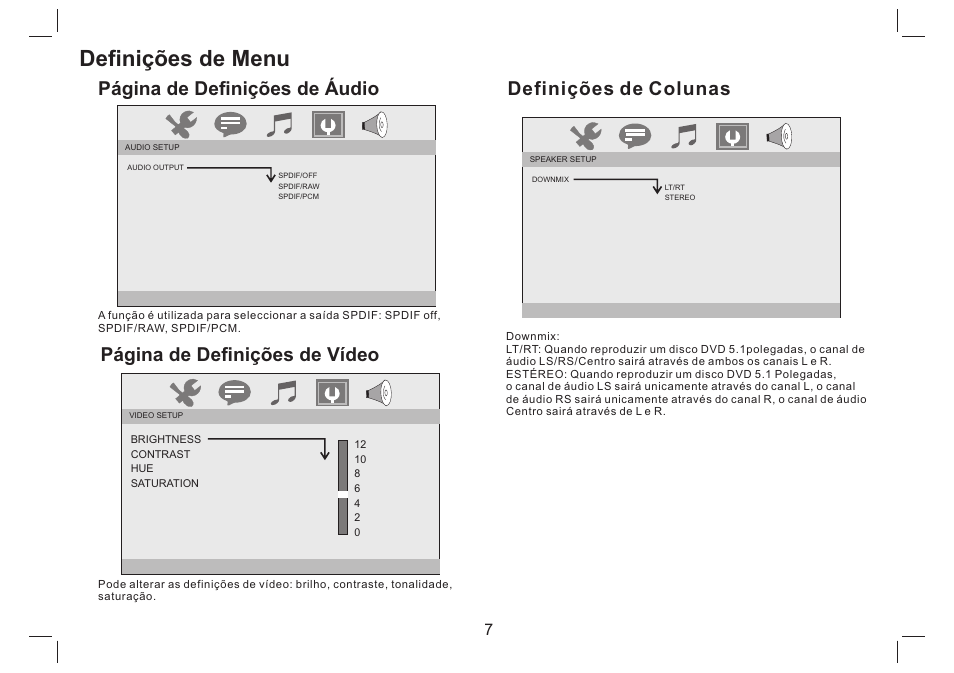 Definições de menu, Página de definições de vídeo, Definições de colunas | Página de definições de áudio | Mpman PDVS7330G User Manual | Page 53 / 63