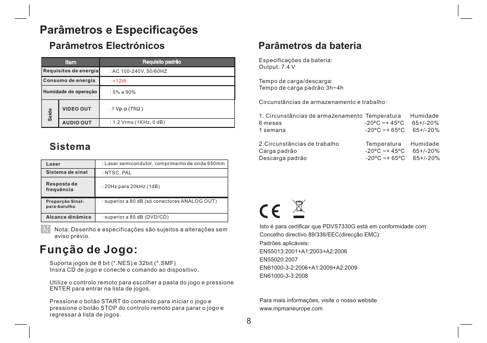 Parâmetros e especificações, Função de jogo, Parâmetros electrónicos | Sistema, Parâmetros da bateria | Mpman PDVS7330G User Manual | Page 54 / 63