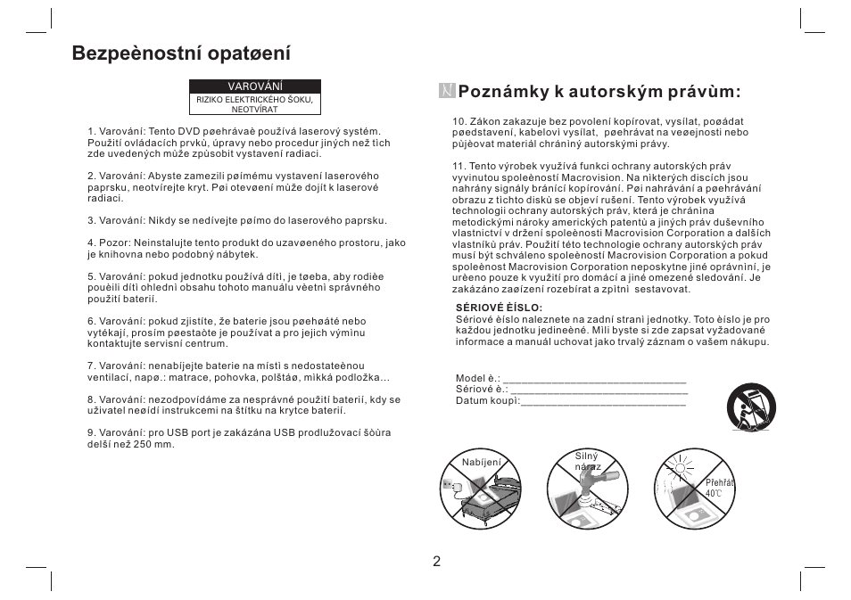 Bezpeènostní opatøení, Poznámky k autorským právùm | Mpman PDVS7330G User Manual | Page 57 / 63