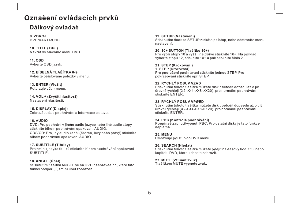 Oznaèení ovládacích prvkù, Dálkový ovladaè | Mpman PDVS7330G User Manual | Page 60 / 63