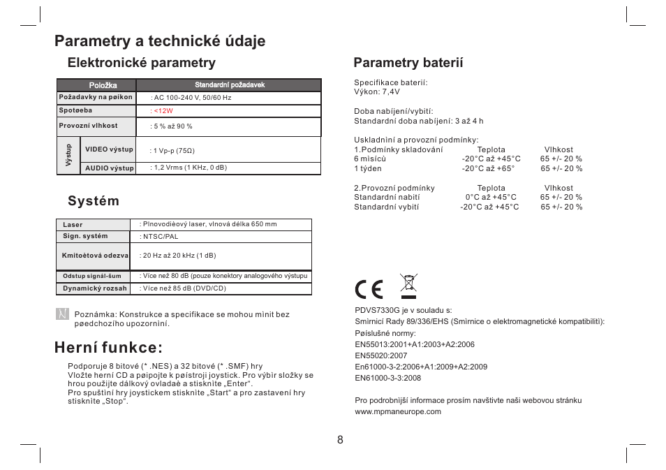 Parametry a technické údaje, Herní funkce, Elektronické parametry | Systém, Parametry baterií | Mpman PDVS7330G User Manual | Page 63 / 63
