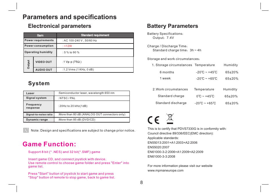 Parameters and specifications, Game function, Electronical parameters | System, Battery parameters | Mpman PDVS7330G User Manual | Page 9 / 63