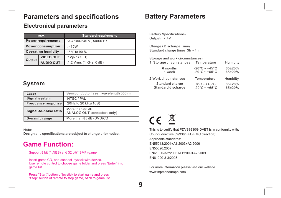 页 10, Parameters and specifications, Battery parameters | Game function, Electronical parameters, System | Mpman PDVS9330G User Manual | Page 10 / 40