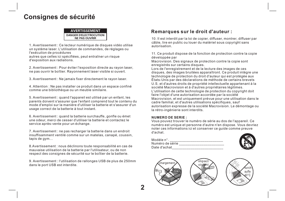 2consignes de sécurité, Remarques sur le droit d'auteur | Mpman PDVS9330G User Manual | Page 13 / 40