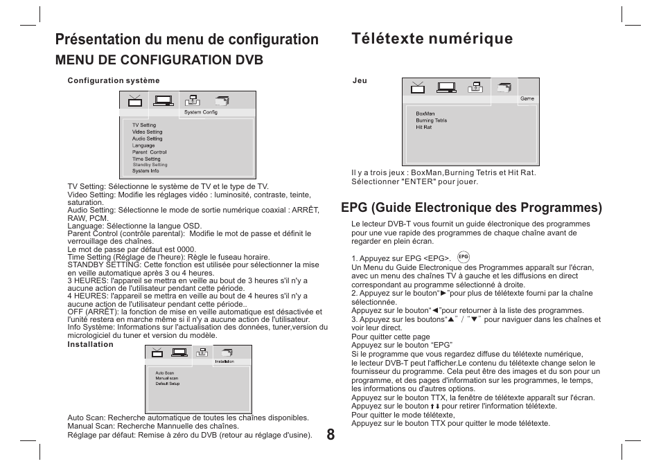Epg (guide electronique des programmes), Menu de configuration dvb | Mpman PDVS9330G User Manual | Page 19 / 40