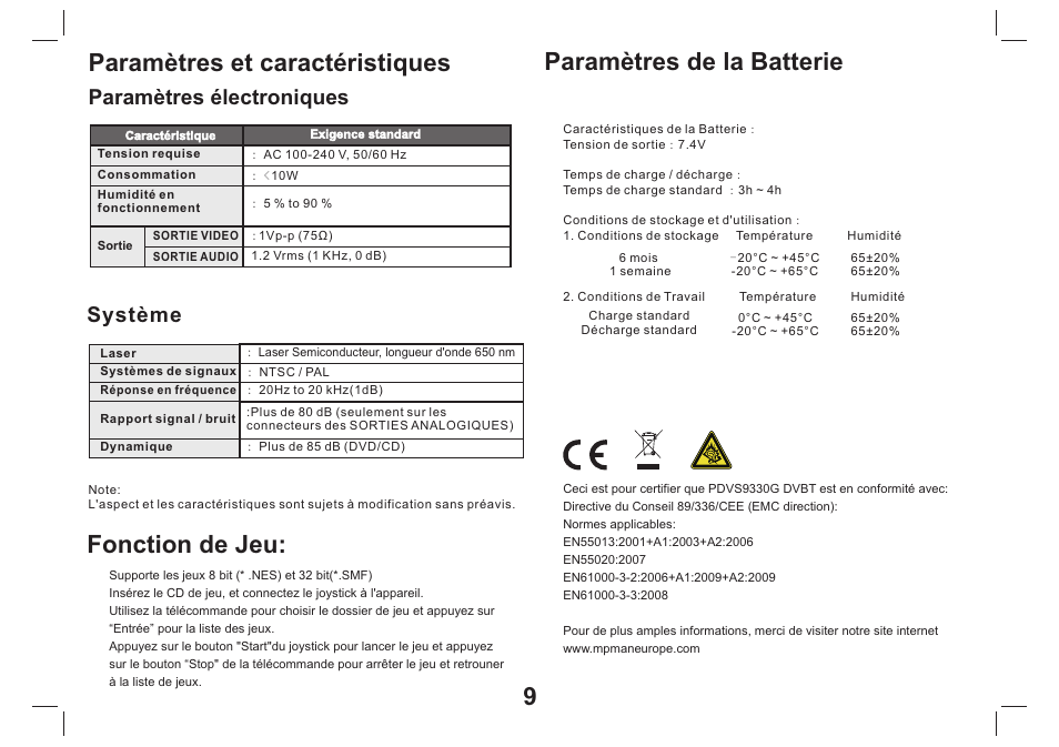 页 10, Paramètres et caractéristiques, Paramètres de la batterie | Fonction de jeu, Paramètres électroniques, Système | Mpman PDVS9330G User Manual | Page 20 / 40