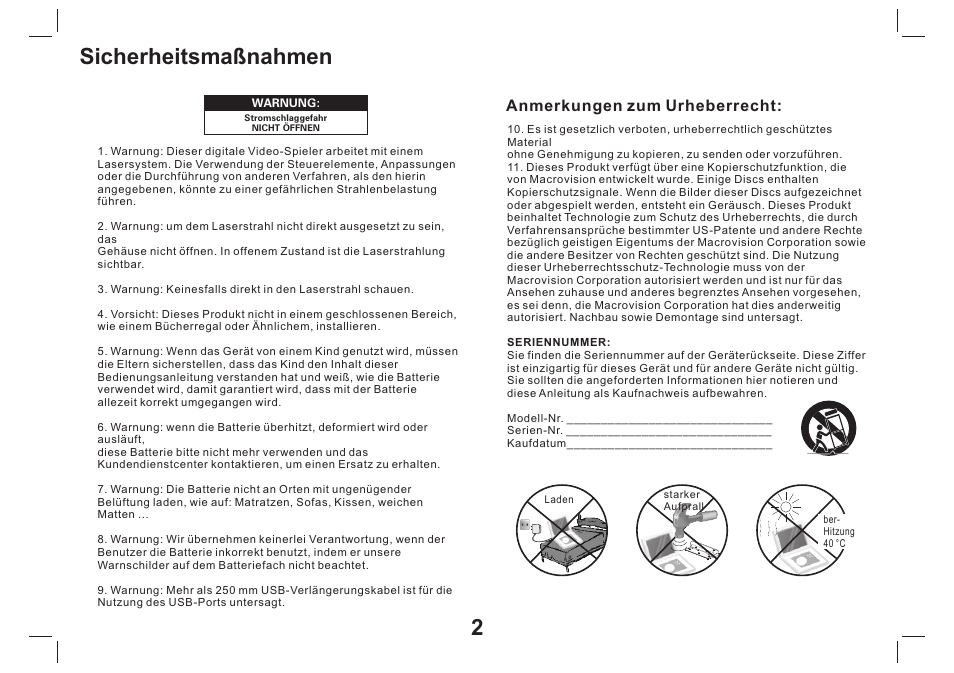 2sicherheitsmaßnahmen, Anmerkungen zum urheberrecht | Mpman PDVS9330G User Manual | Page 23 / 40