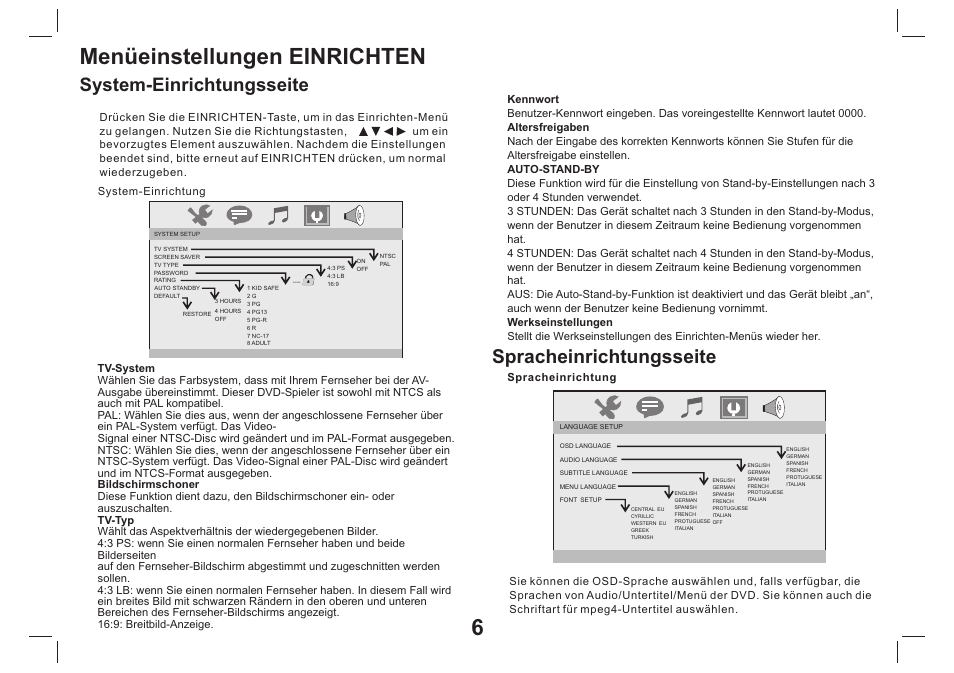 Menüeinstellungen einrichten, System-einrichtungsseite spracheinrichtungsseite | Mpman PDVS9330G User Manual | Page 27 / 40