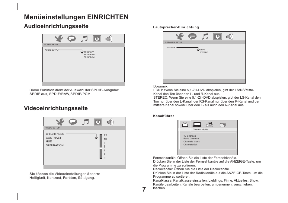 Menüeinstellungen einrichten, Videoeinrichtungsseite, Audioeinrichtungsseite | Mpman PDVS9330G User Manual | Page 28 / 40