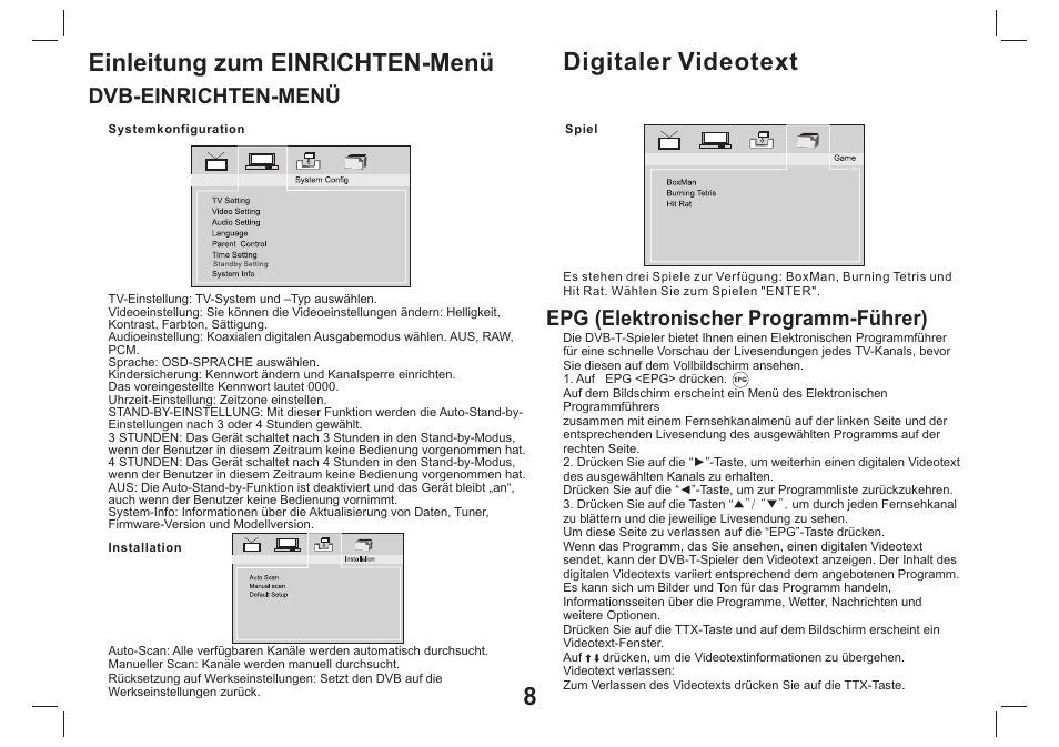 Epg (elektronischer programm-führer), Dvb-einrichten-menü | Mpman PDVS9330G User Manual | Page 29 / 40