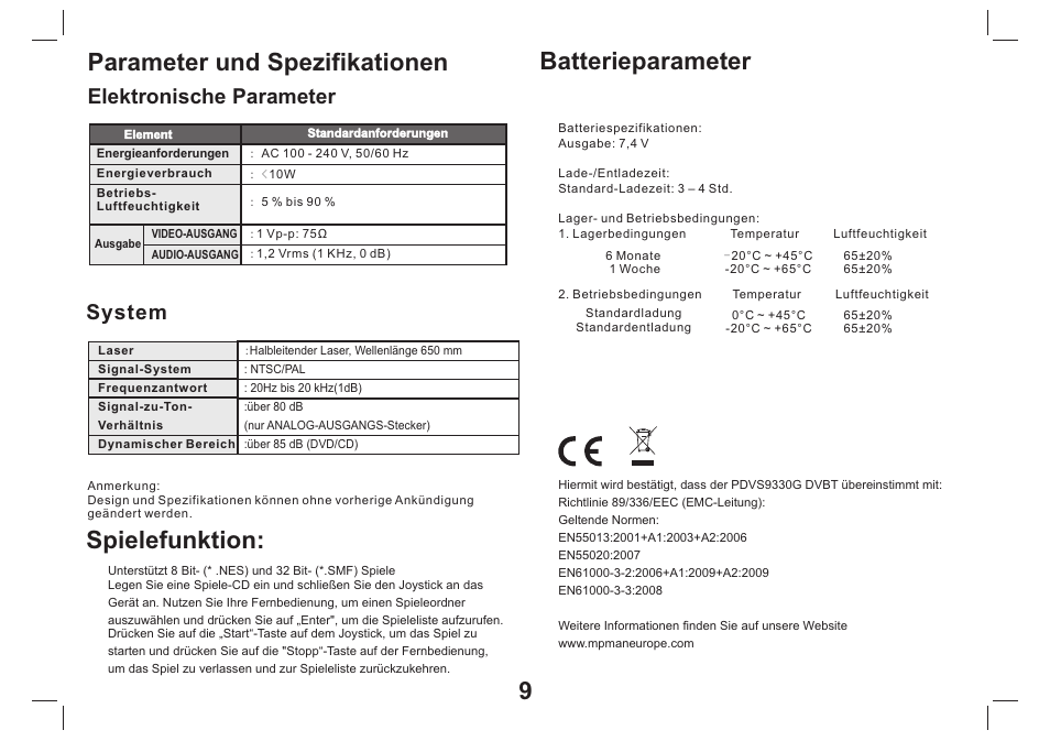 页 10, Parameter und spezifikationen, Batterieparameter | Spielefunktion, Elektronische parameter, System | Mpman PDVS9330G User Manual | Page 30 / 40