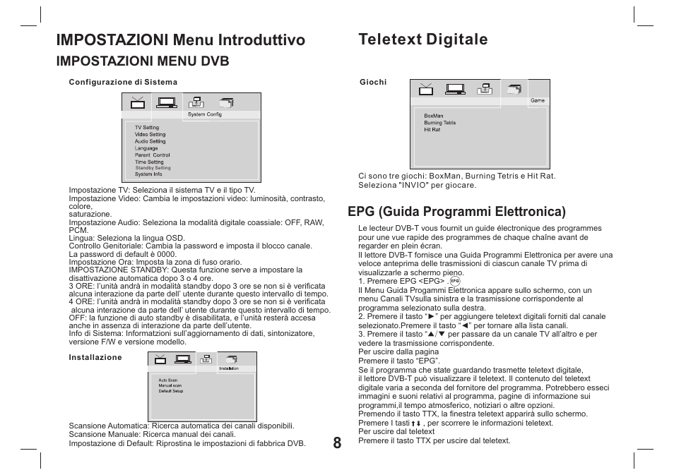 Teletext digitale 8 impostazioni menu introduttivo, Epg (guida programmi elettronica), Impostazioni menu dvb | Mpman PDVS9330G User Manual | Page 39 / 40
