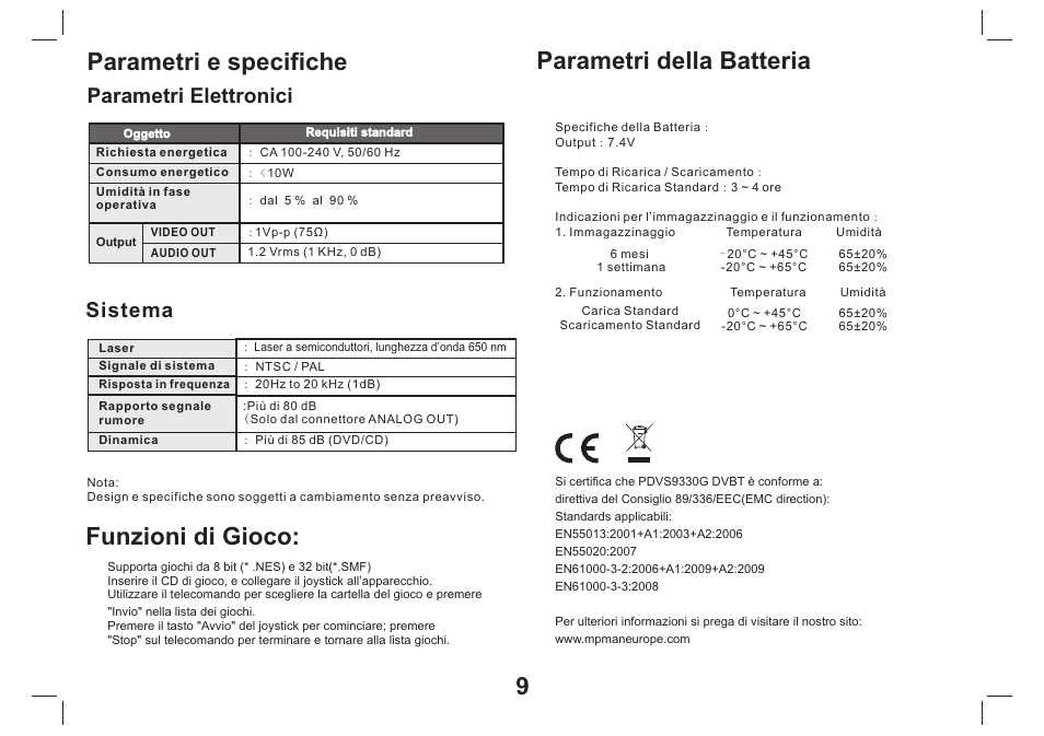 页 10, Parametri e specifiche, Parametri della batteria | Funzioni di gioco, Parametri elettronici, Sistema | Mpman PDVS9330G User Manual | Page 40 / 40