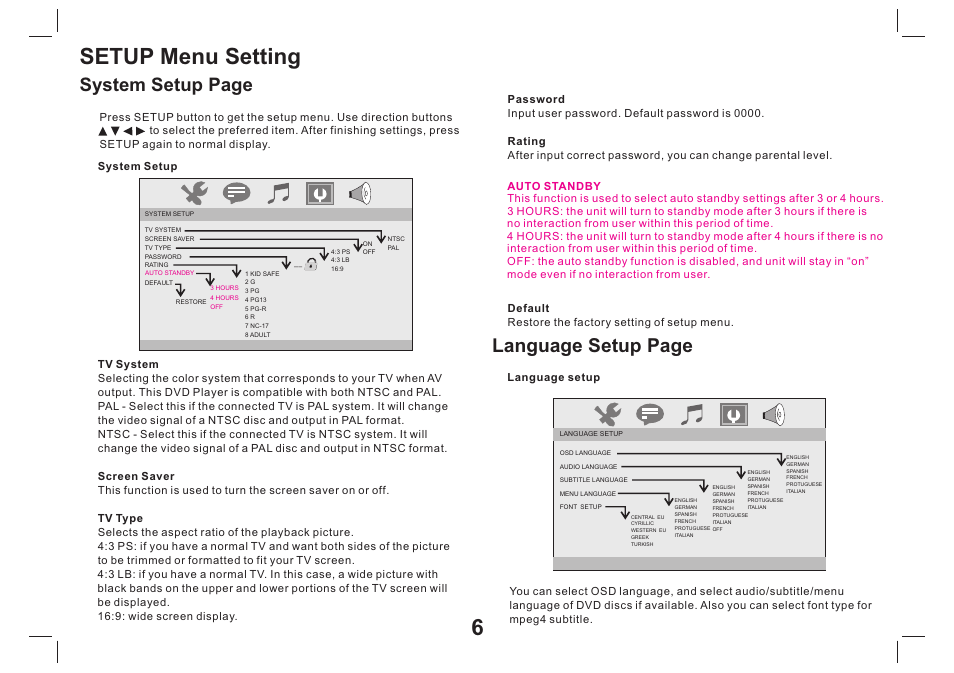 Setup menu setting, System setup page language setup page | Mpman PDVS9330G User Manual | Page 7 / 40