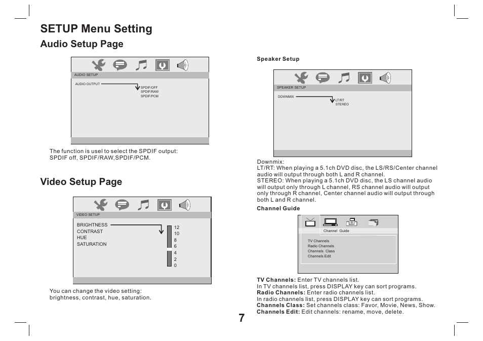 Setup menu setting, Video setup page, Audio setup page | Mpman PDVS9330G User Manual | Page 8 / 40