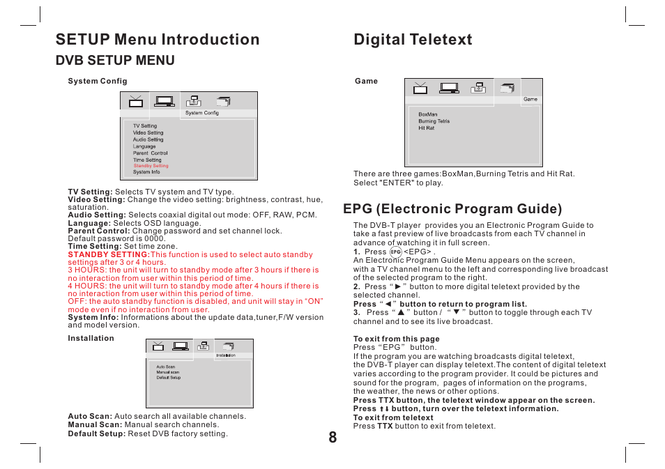 Digital teletext 8 setup menu introduction, Epg (electronic program guide), Dvb setup menu | Mpman PDVS9330G User Manual | Page 9 / 40