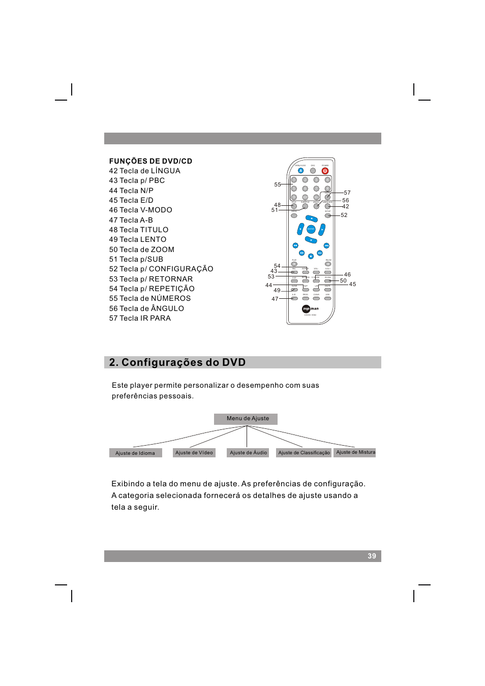 页面 41, Configurações do dvd, Menu de ajuste | Mpman XVD360 HDMI User Manual | Page 41 / 44