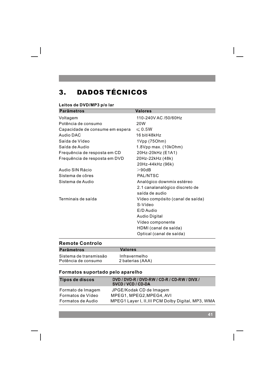 页面 43, Dados técnicos | Mpman XVD360 HDMI User Manual | Page 43 / 44