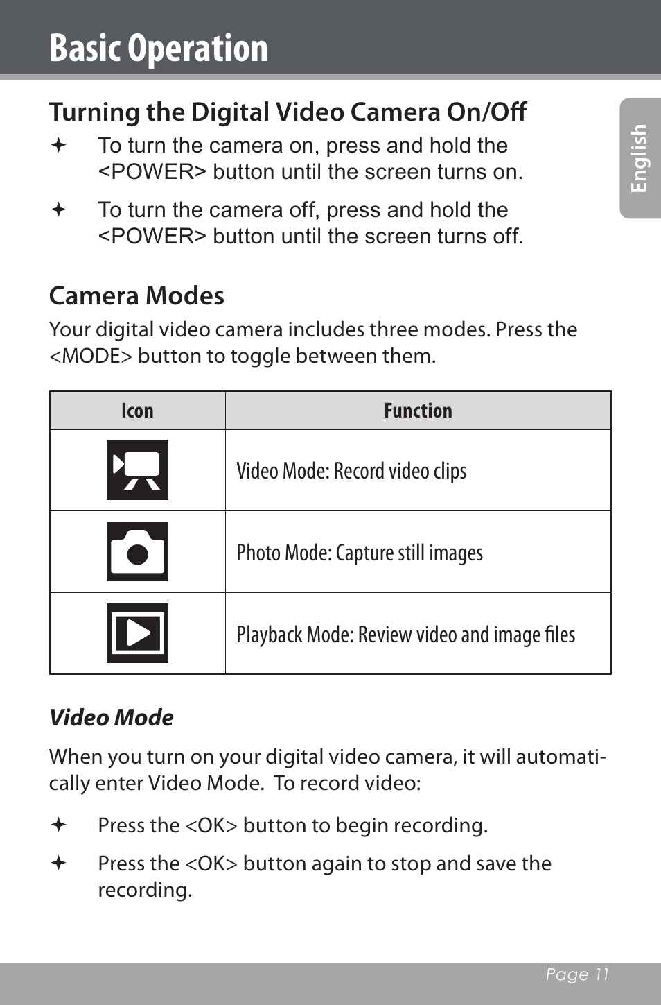 Basic operation, Turning the digital video camera on/off, Camera modes | Mpman PC20 User Manual | Page 11 / 32