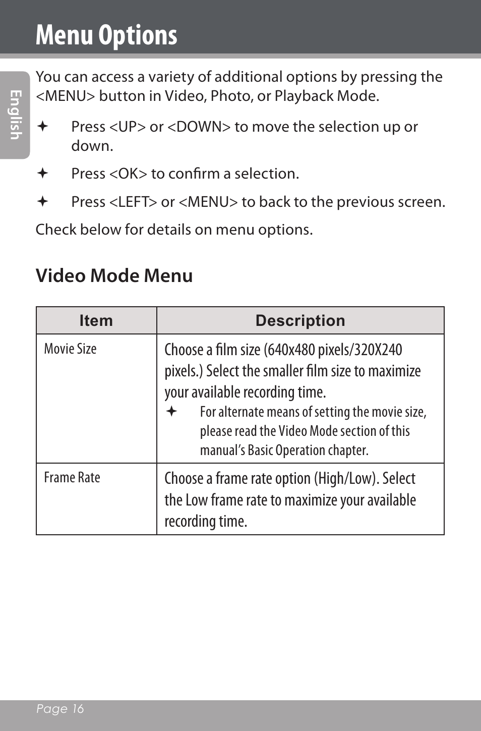 Menu options, Video mode menu | Mpman PC20 User Manual | Page 16 / 32