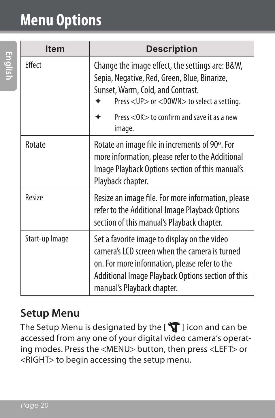 Menu options, Setup menu | Mpman PC20 User Manual | Page 20 / 32