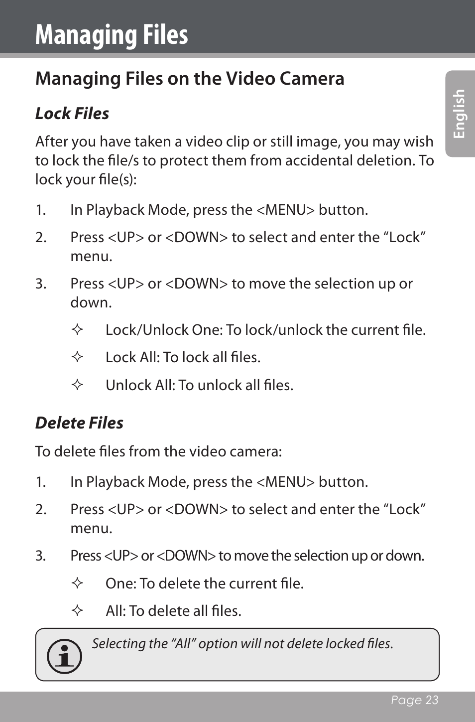 Managing files, Managing files on the video camera | Mpman PC20 User Manual | Page 23 / 32